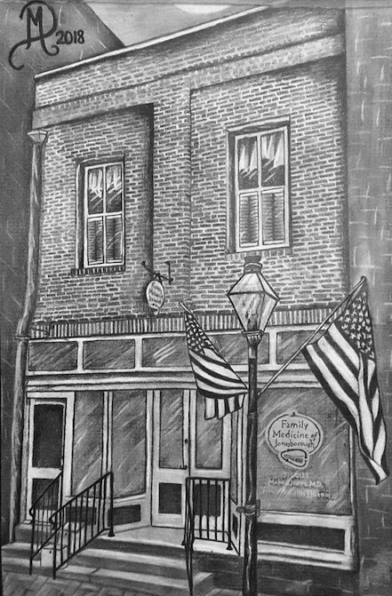 Black-and-white drawing of the Family Medicine of Jonesborough storefront with flags and a streetlamp